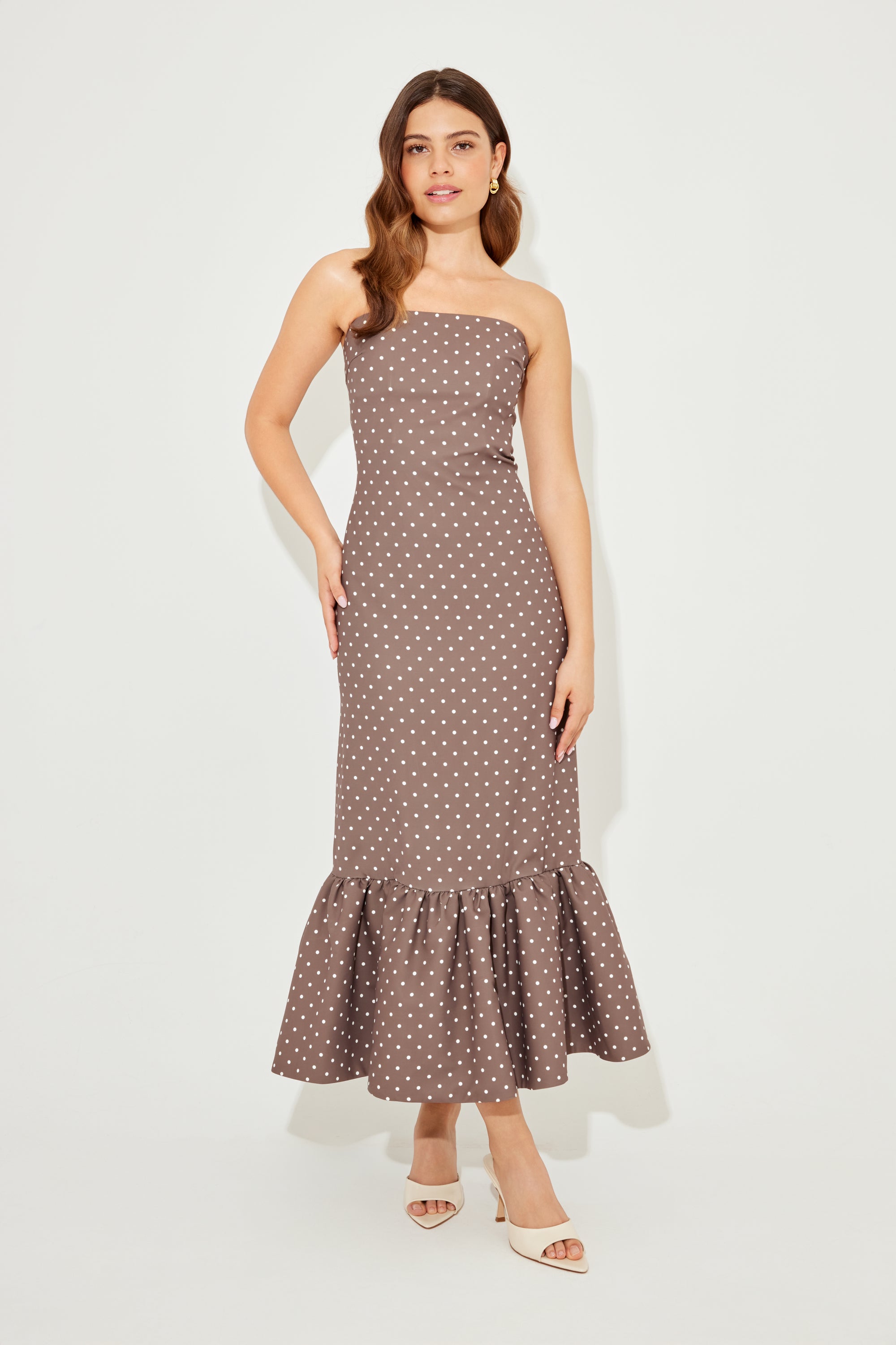 The Ultimate Muse Strapless Peplum Hem Midi Dress | Brown Polka Dot