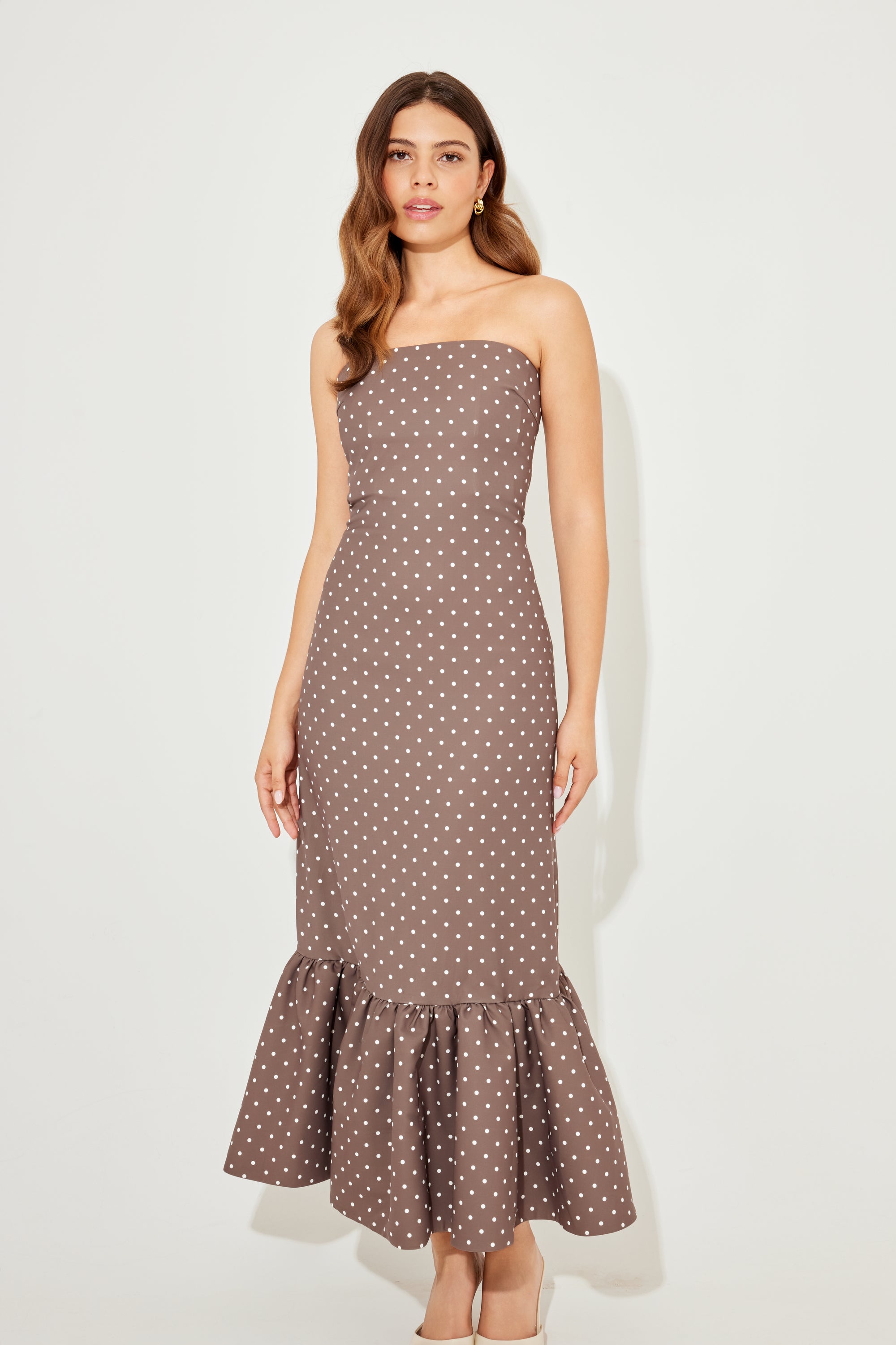 The Ultimate Muse Strapless Peplum Hem Midi Dress | Brown Polka Dot