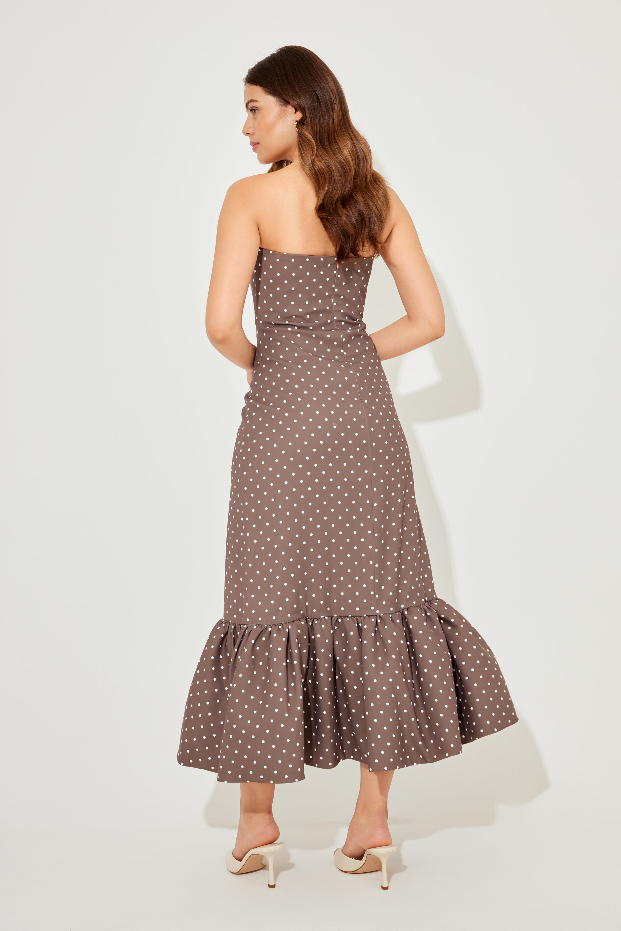 The Ultimate Muse Strapless Peplum Hem Midi Dress | Brown Polka Dot