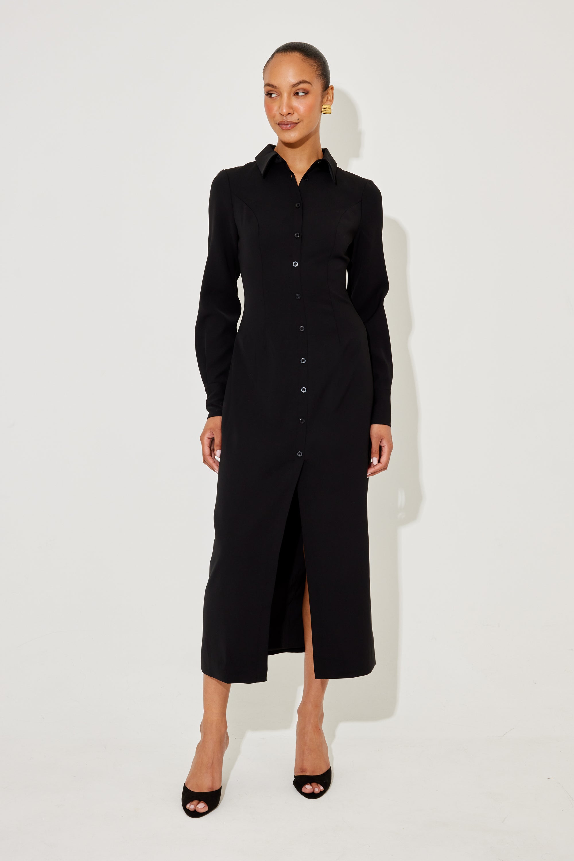 The Ultimate Muse Long Sleeve Collar Maxi Dress | Black