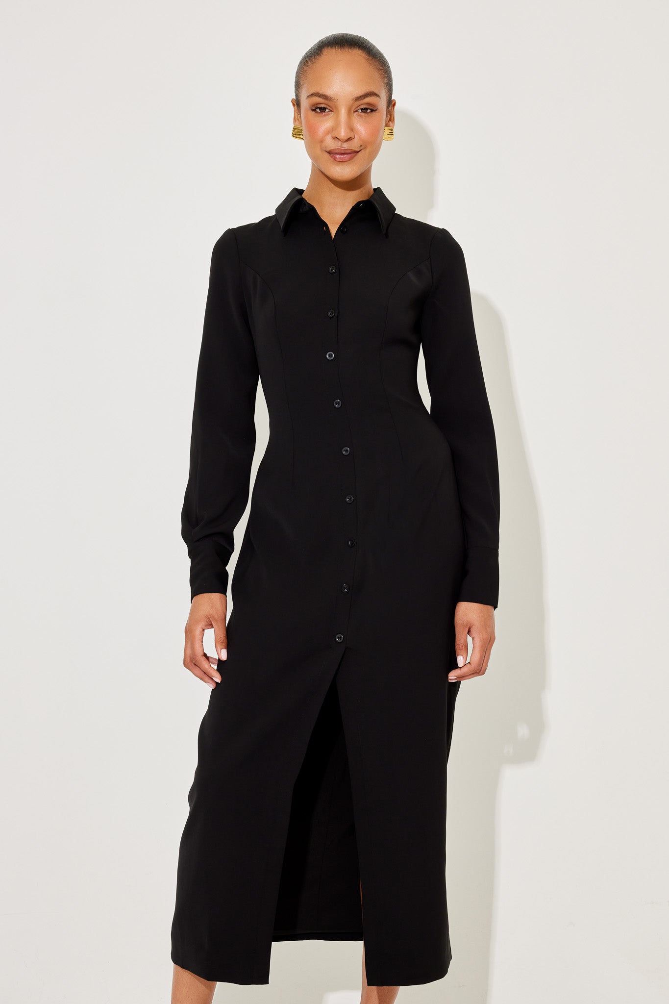 The Ultimate Muse Long Sleeve Collar Maxi Dress | Black