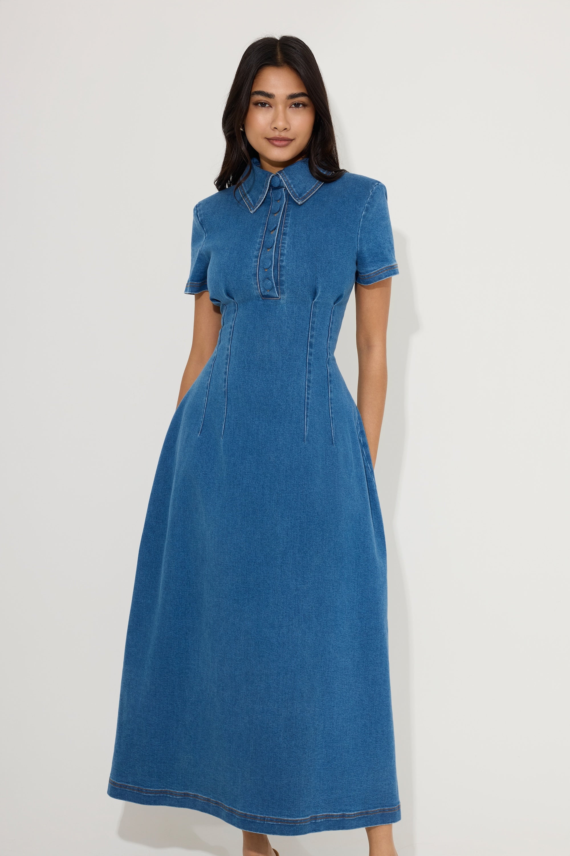 midi dress mix jeans Cotton Mix Denim Collared Midi Dress
