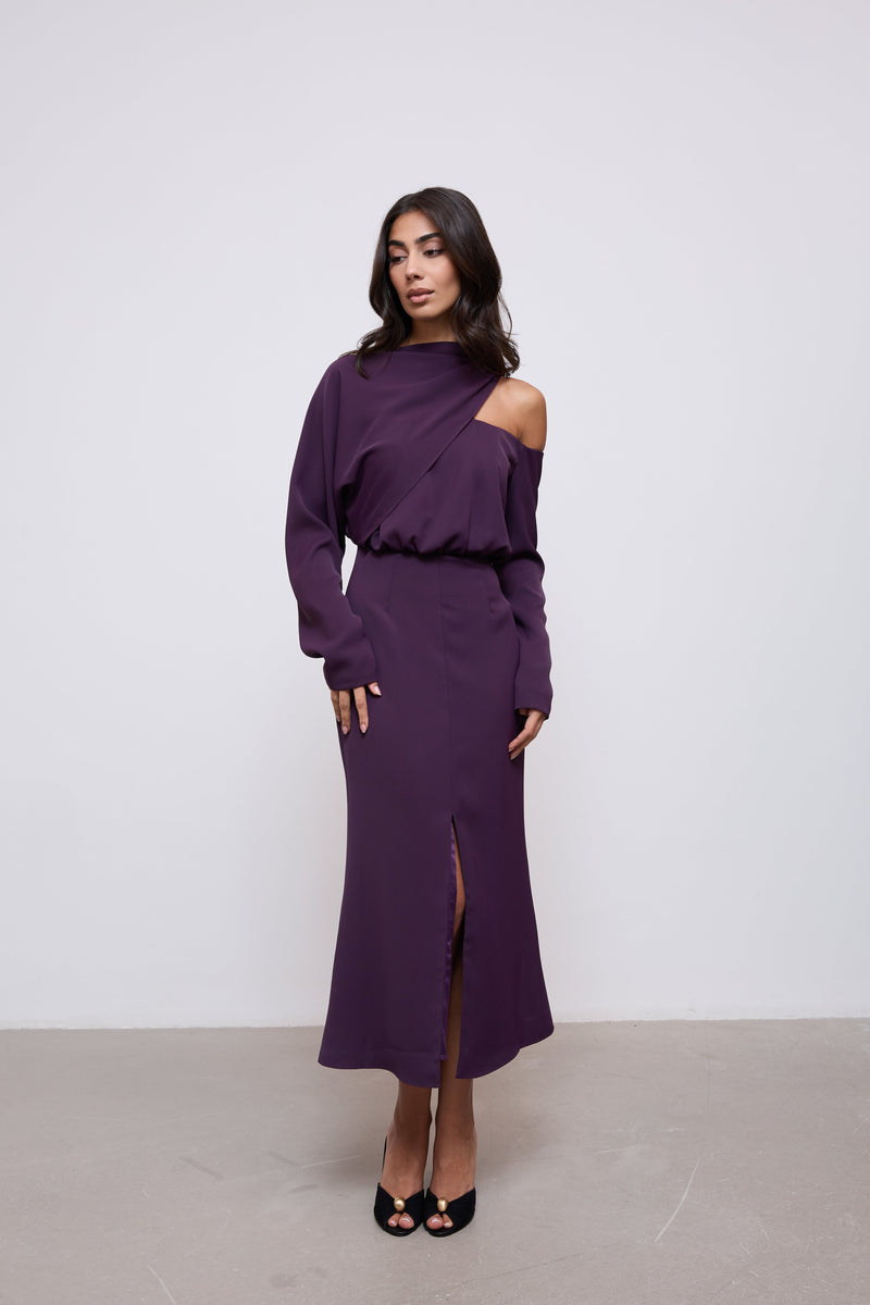 Draped One Shoulder Midi Dress