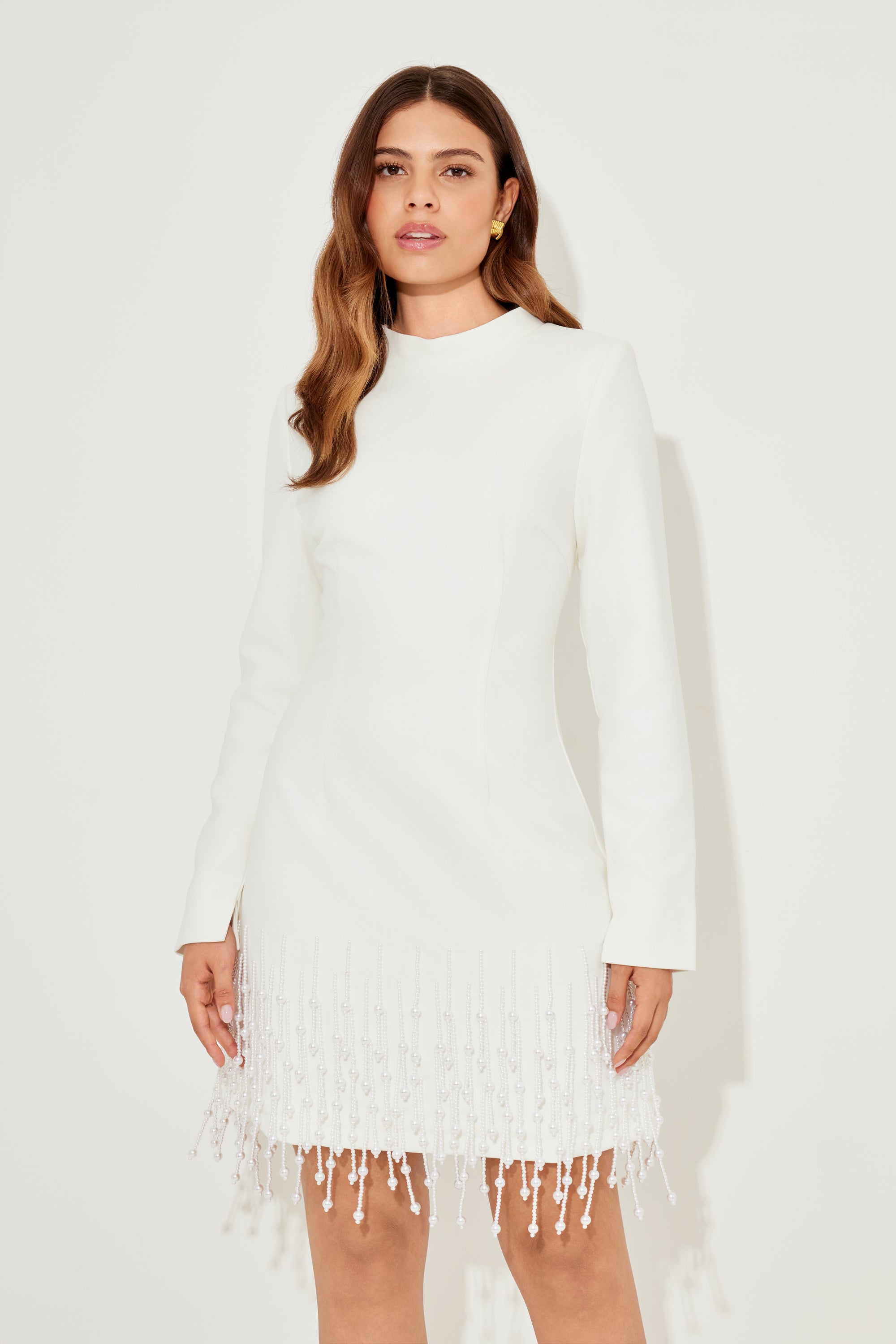 The Ultimate Muse Pearl Drop Long Sleeve Dress | White
