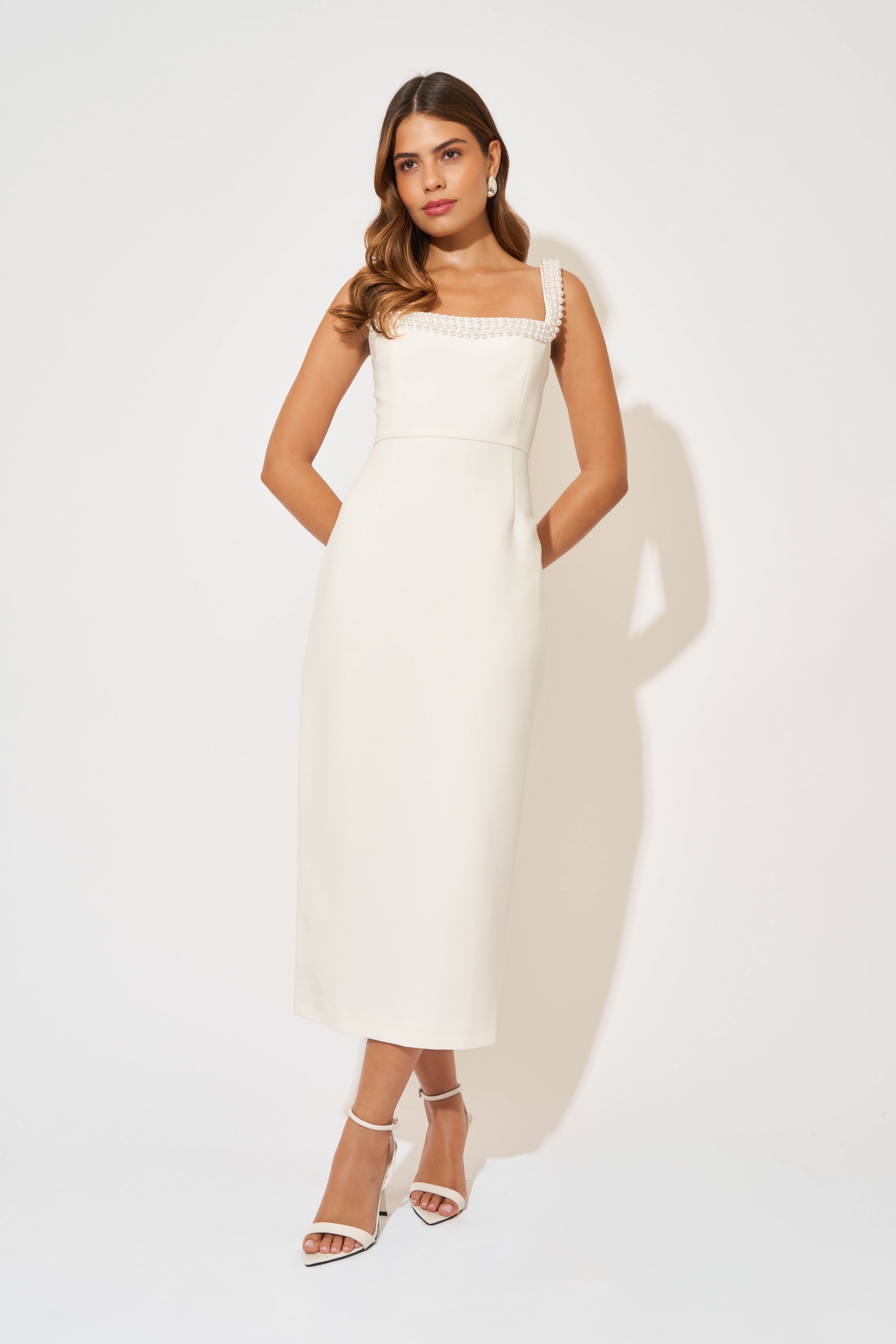 midi white dress with pearls Pearl Trim Midi Dress – Odd Muse Middle East