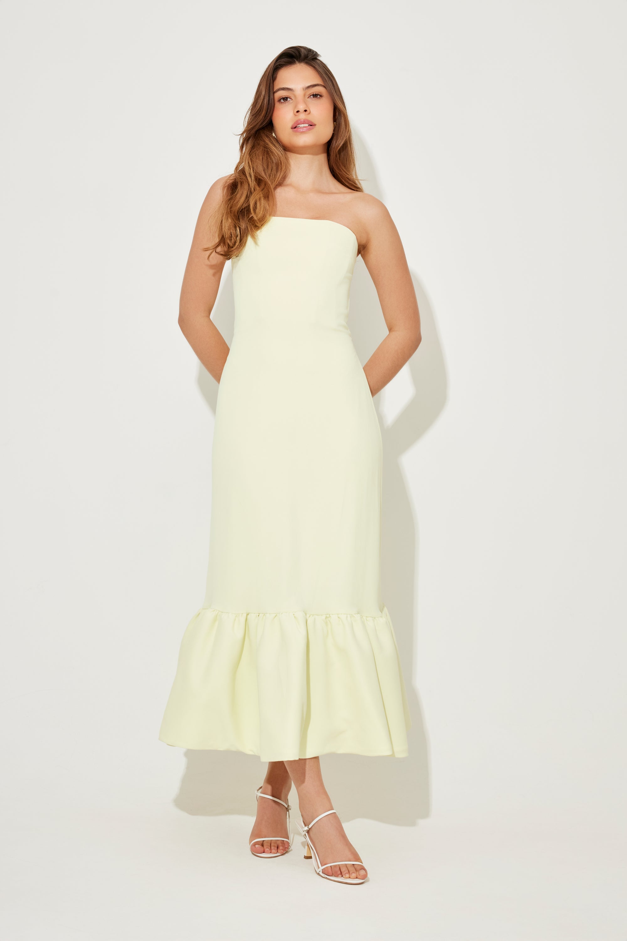 The Ultimate Muse Strapless Peplum Hem Midi Dress | Lime Cream