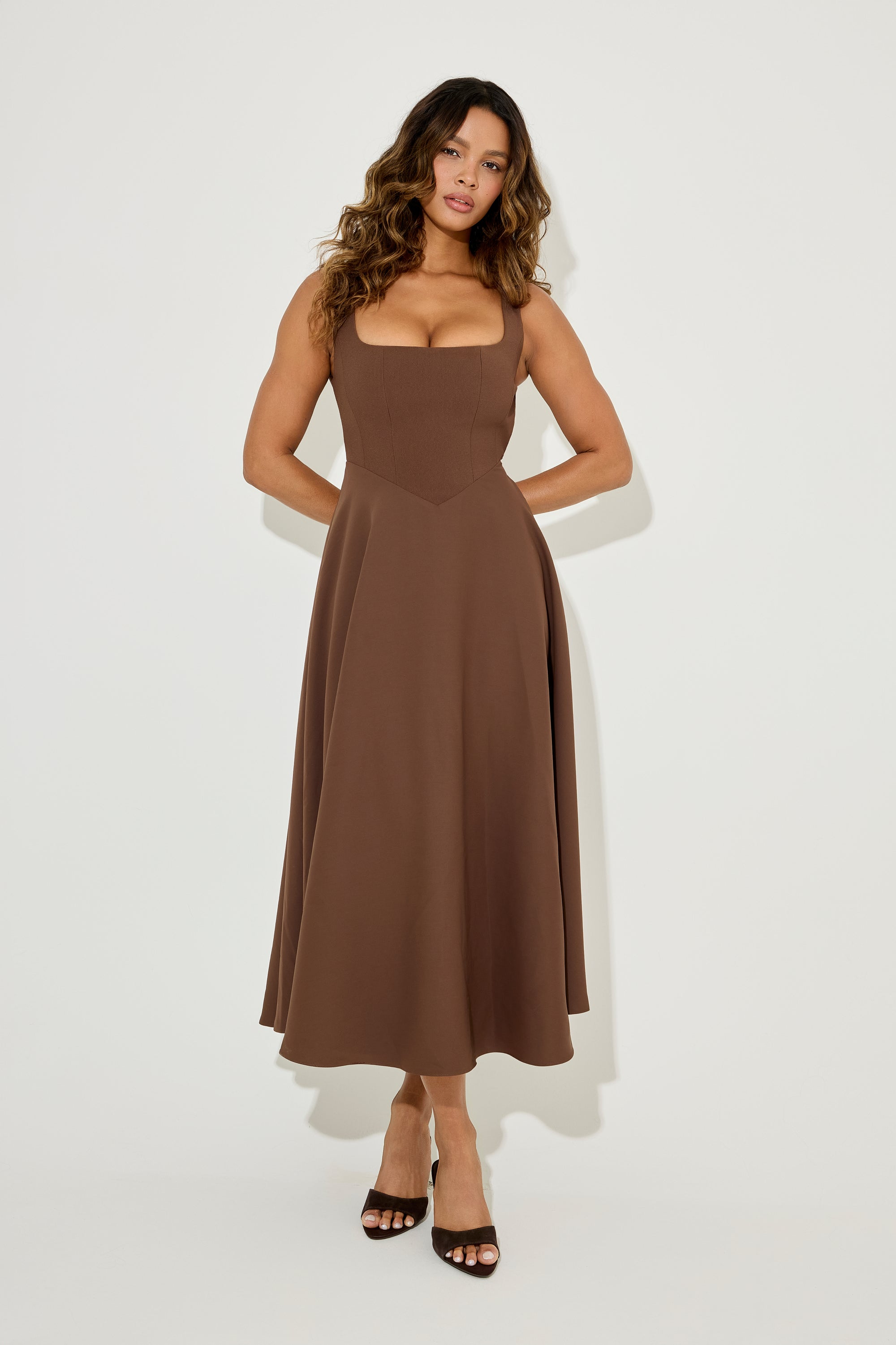 The Ultimate Muse High Waist Square Neck Midi Dress | Chocolate