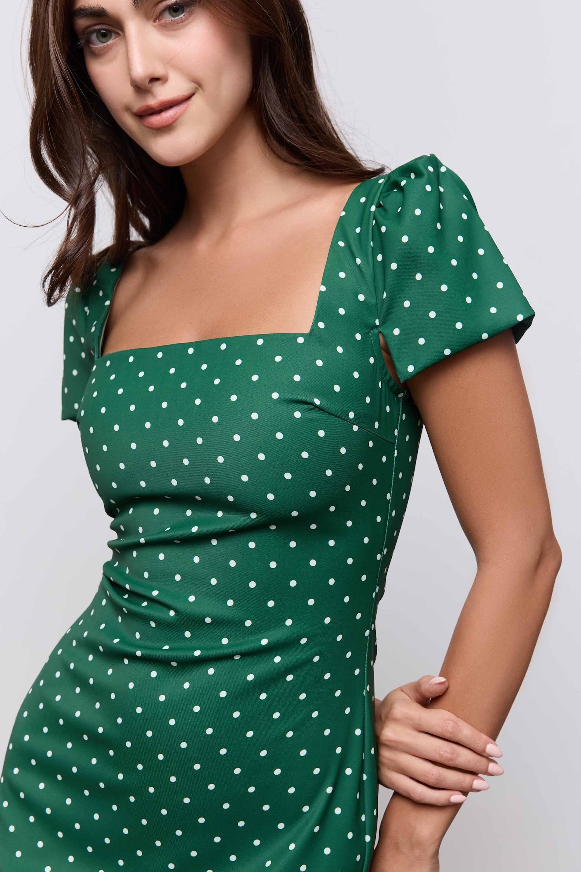 green polka dot slip dress Square Neck Slip Midi Dress