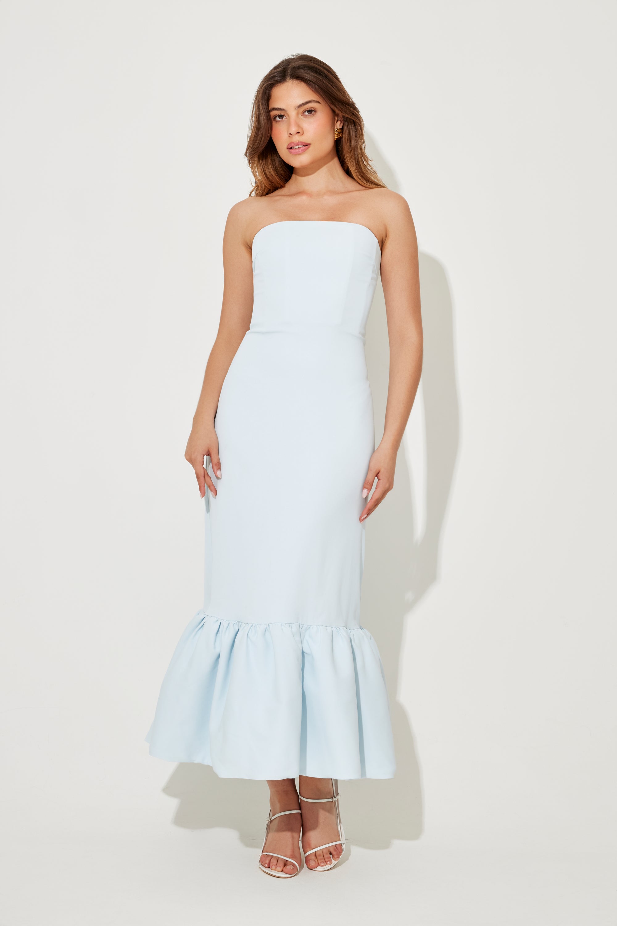 The Ultimate Muse Strapless Peplum Hem Midi Dress | Blue