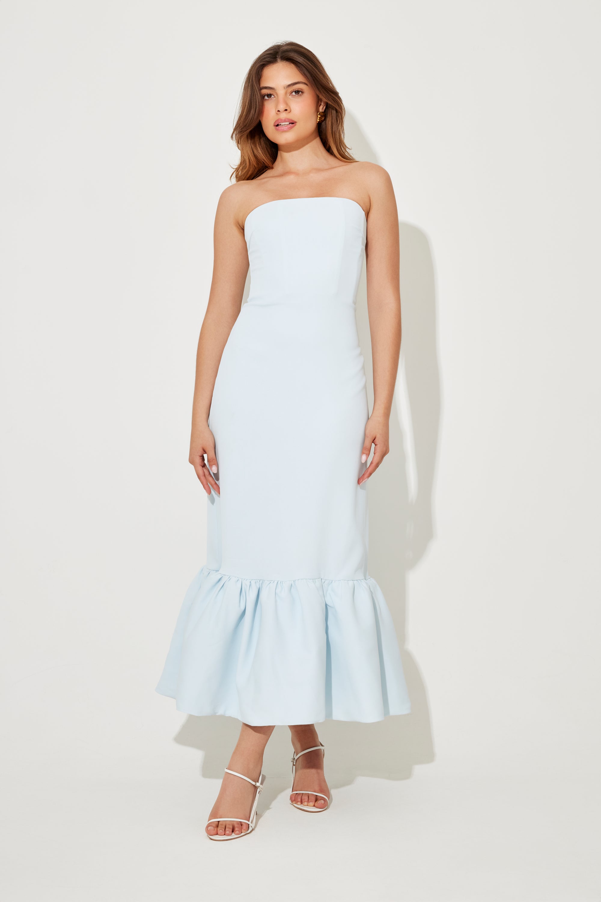 The Ultimate Muse Strapless Peplum Hem Midi Dress | Blue
