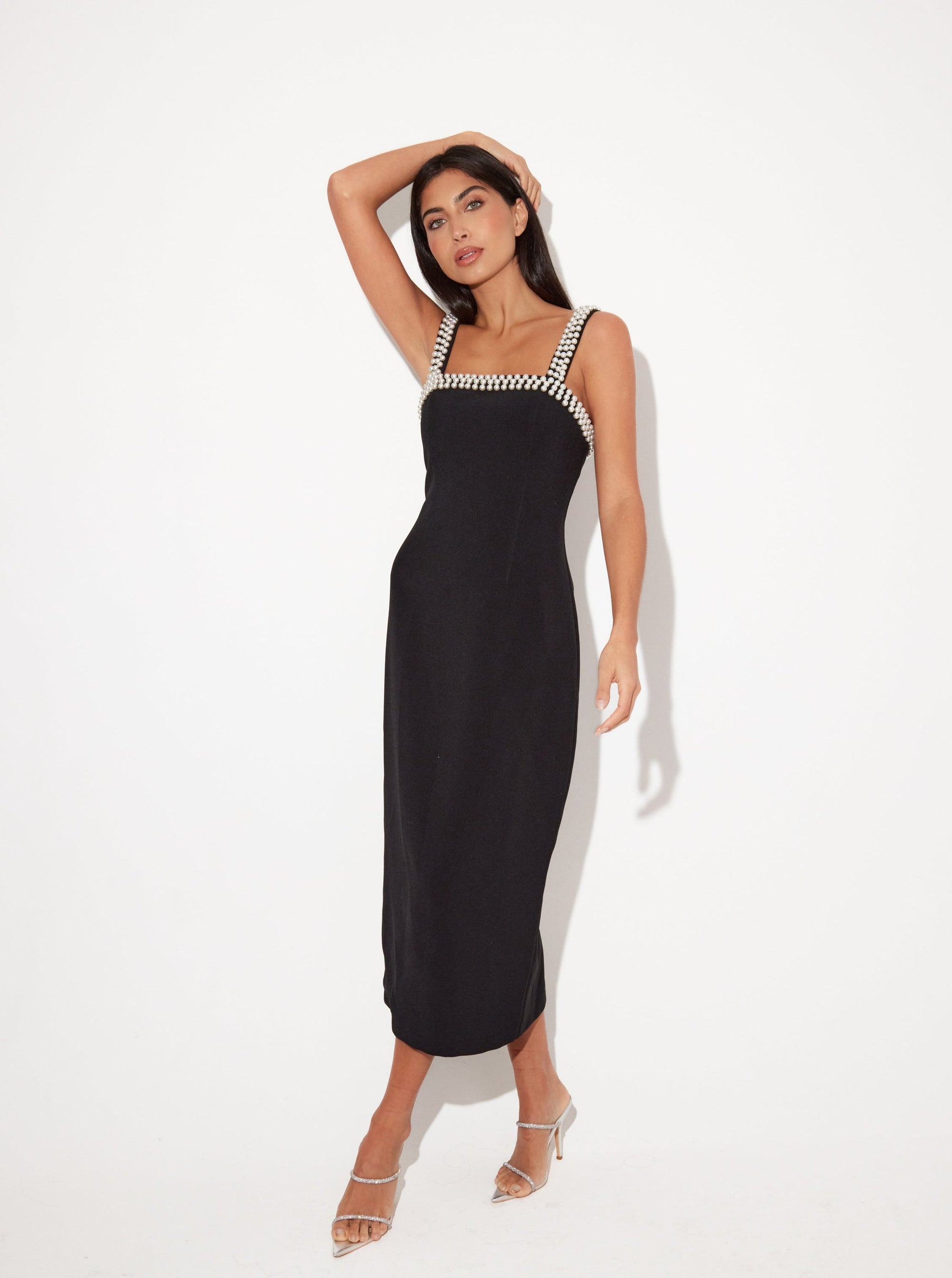 The Ultimate Muse Pearl Trim Midi Dress | Black