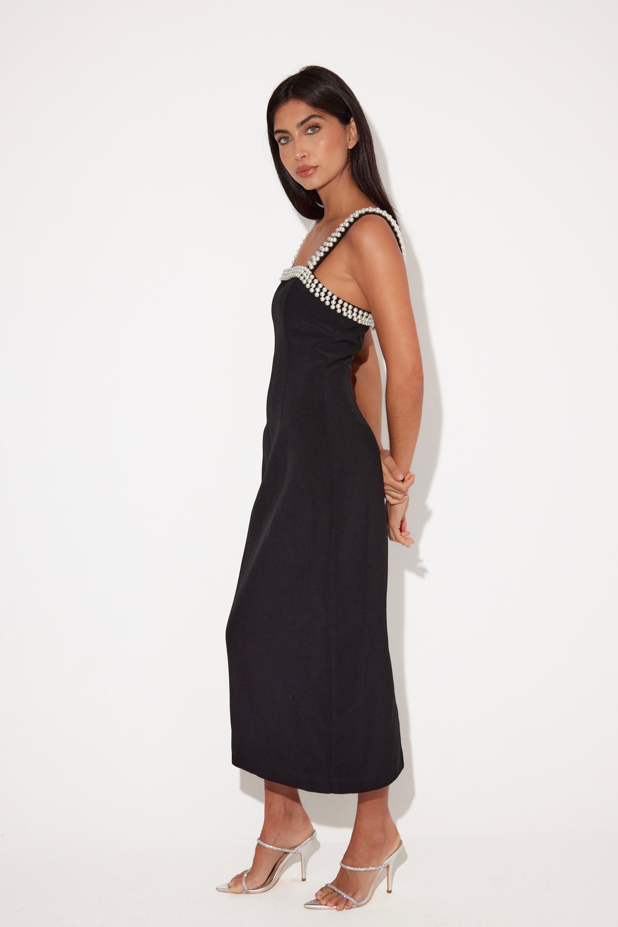 The Ultimate Muse Pearl Trim Midi Dress | Black