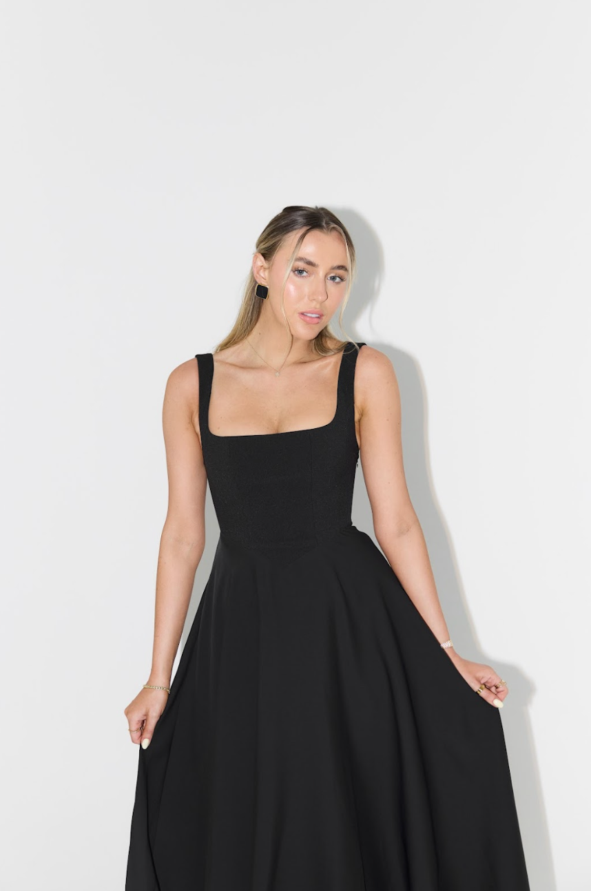 The Ultimate Muse High Waist Square Neck Midi Dress | Black