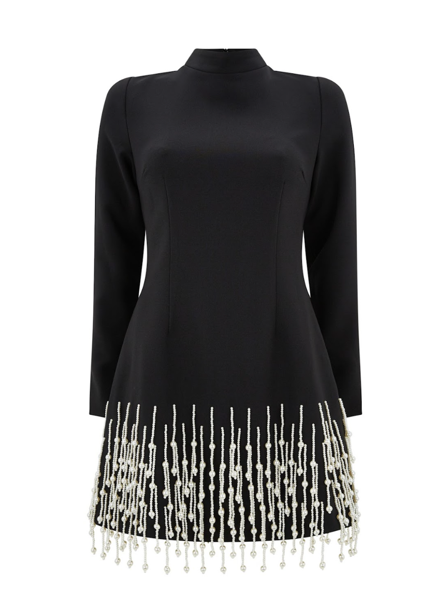The Ultimate Muse Pearl Drop Long Sleeve Dress | Black