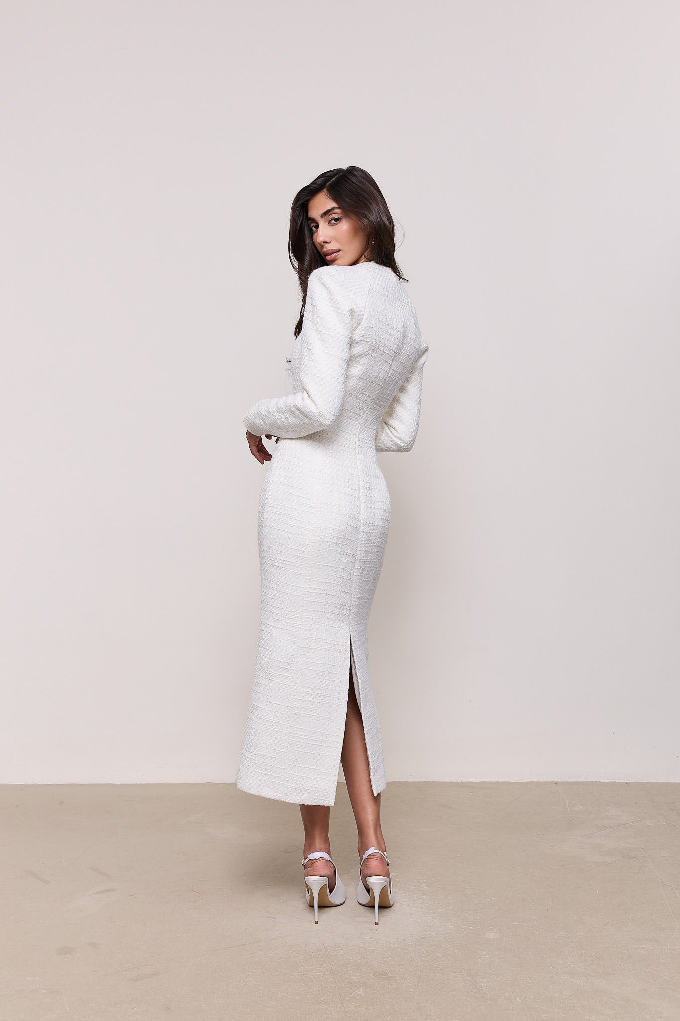 Bouclé Button Midi Dress