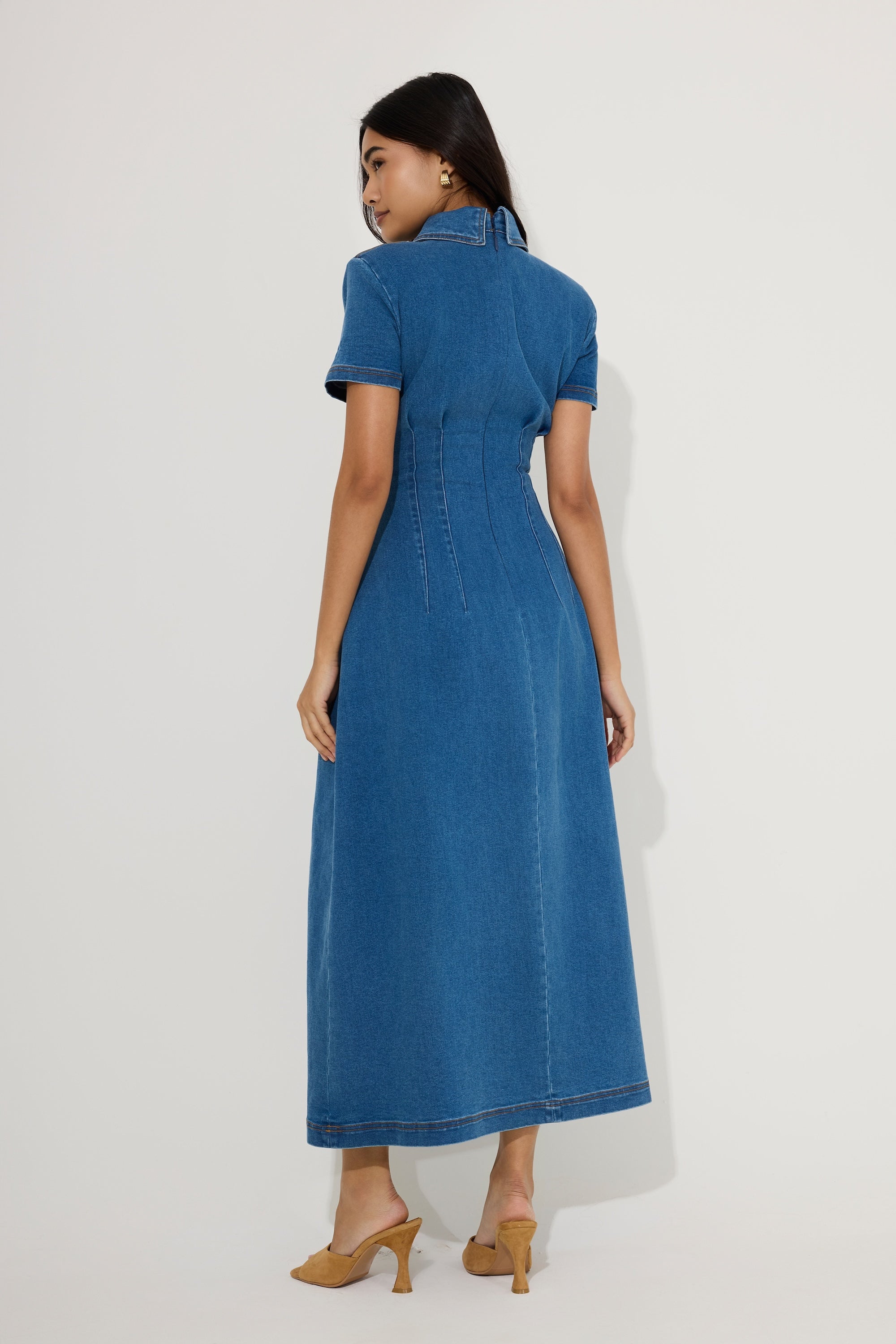 Cotton Mix Denim Collared Midi Dress