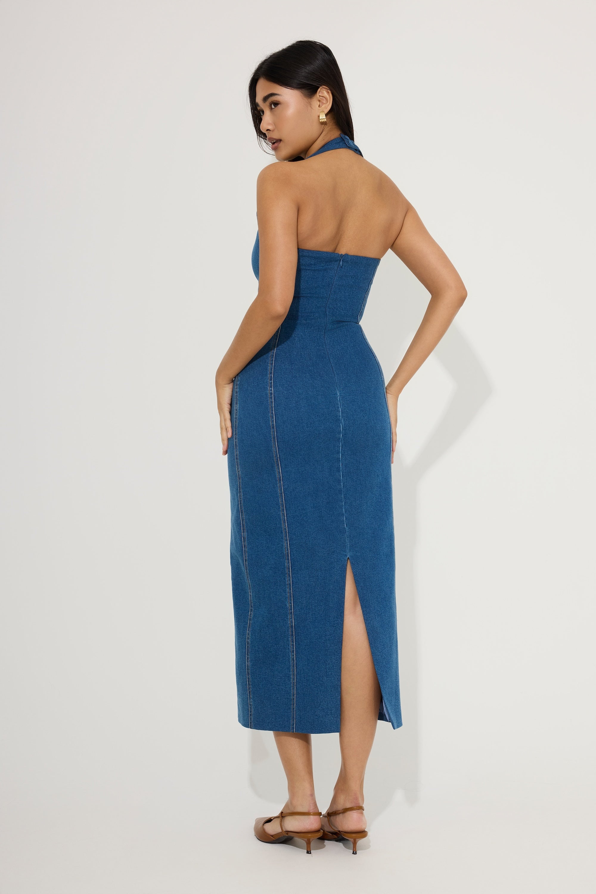 Cotton Mix Denim Halter Midi Dress