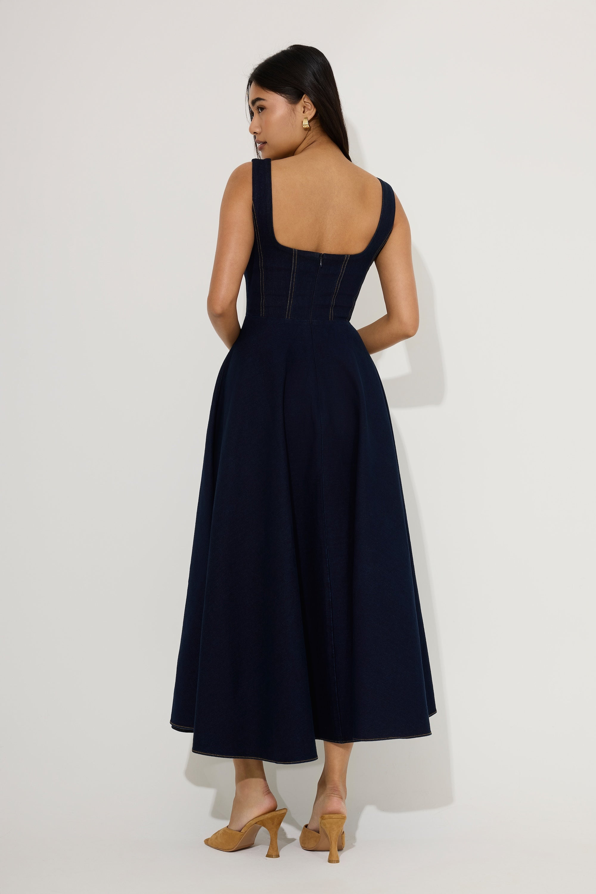 Cotton Mix Denim Square Neck Midi Dress