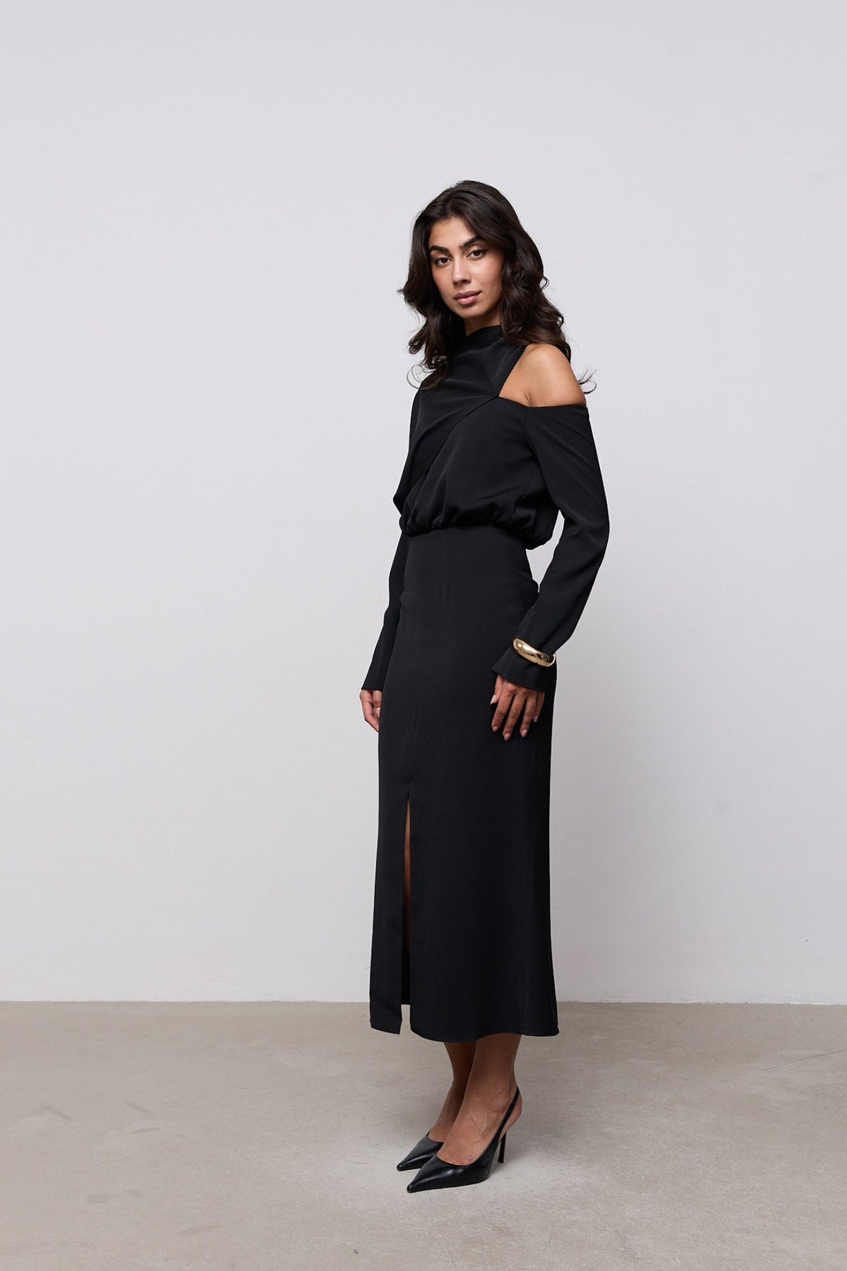 Draped One Shoulder Midi Dress