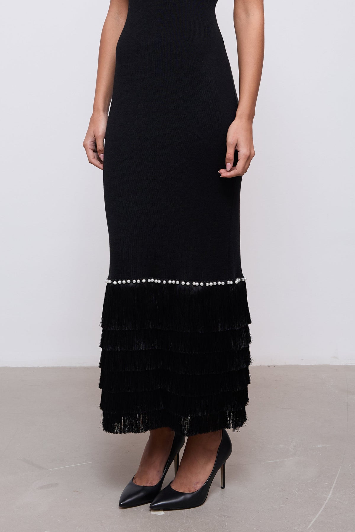 Knitted Fringe Detail Midi Dress