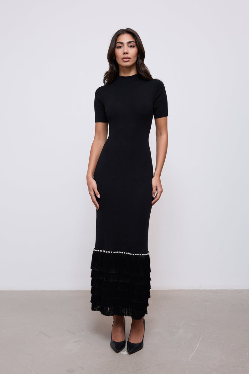 Knitted Fringe Detail Midi Dress