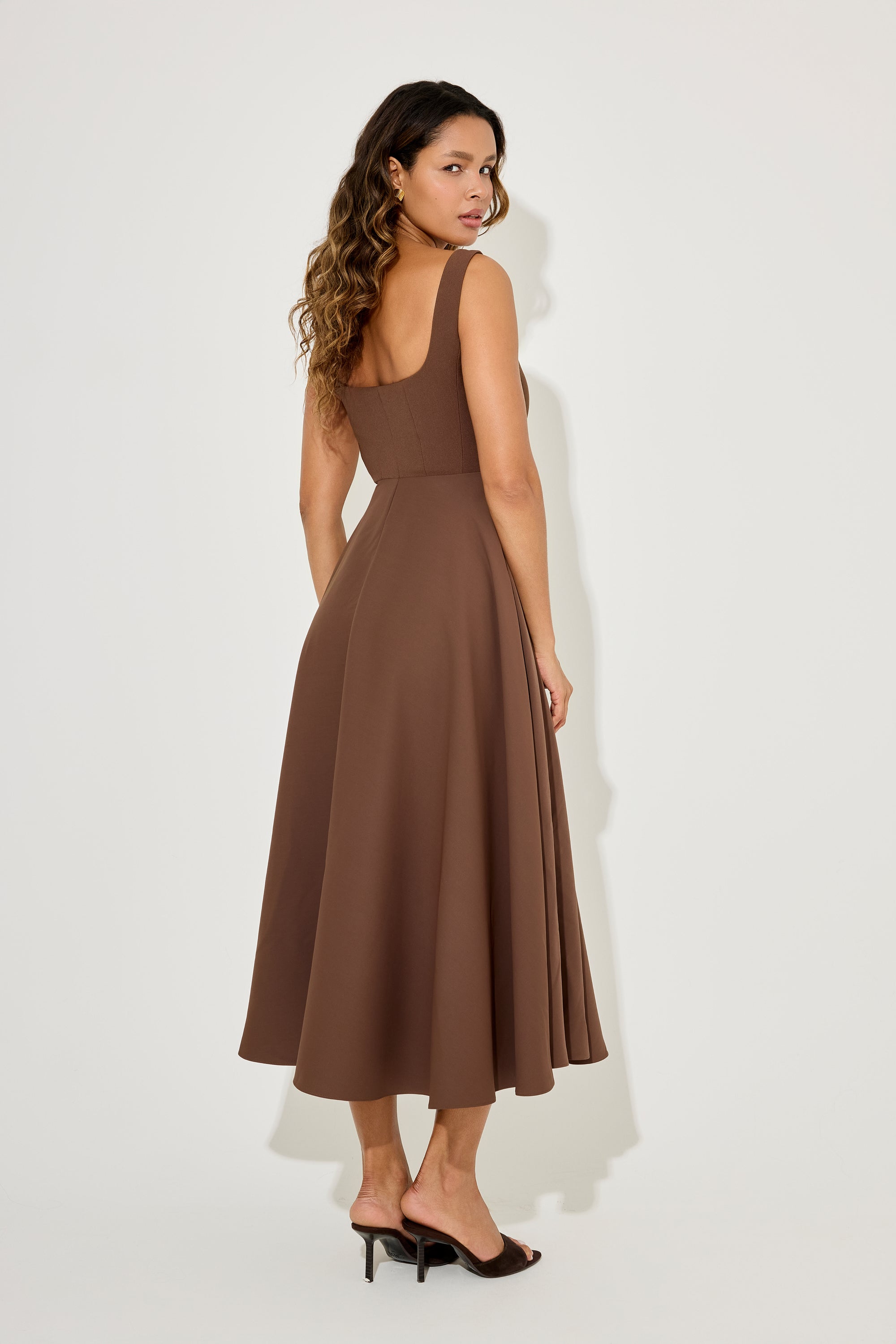 The Ultimate Muse High Waist Square Neck Midi Dress | Chocolate