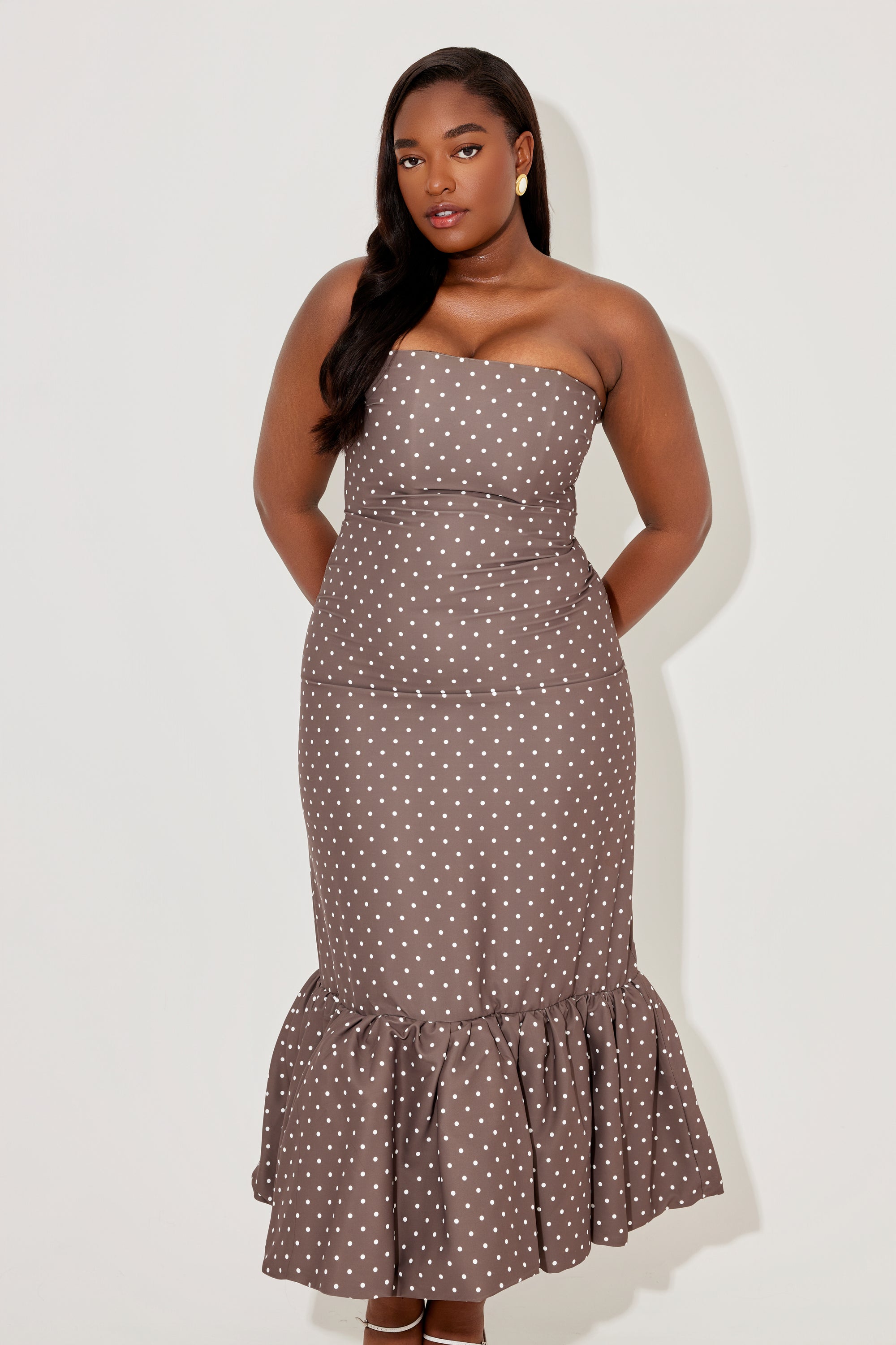 The Ultimate Muse Strapless Peplum Hem Midi Dress | Brown Polka Dot