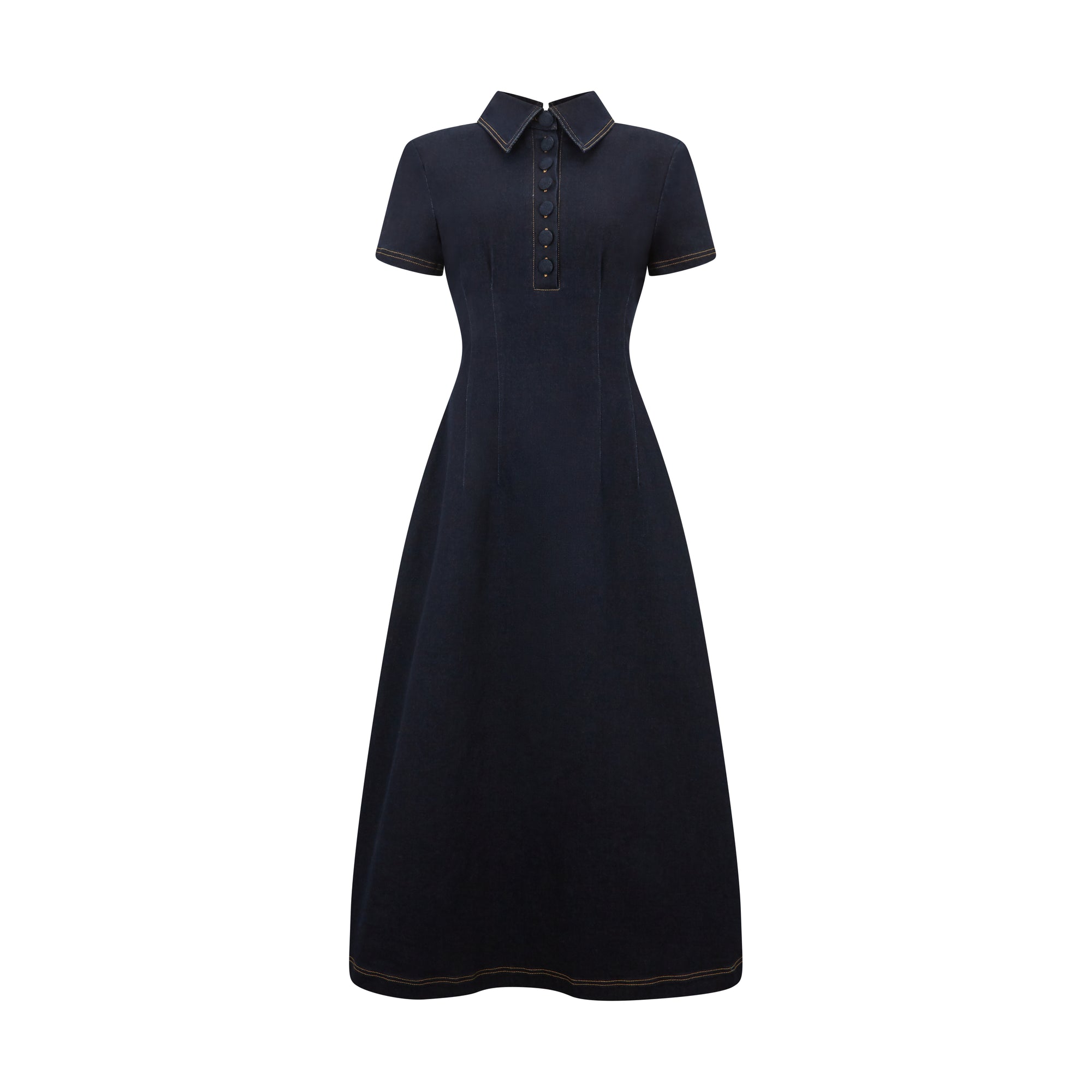 Cotton Mix Denim Collared Midi Dress