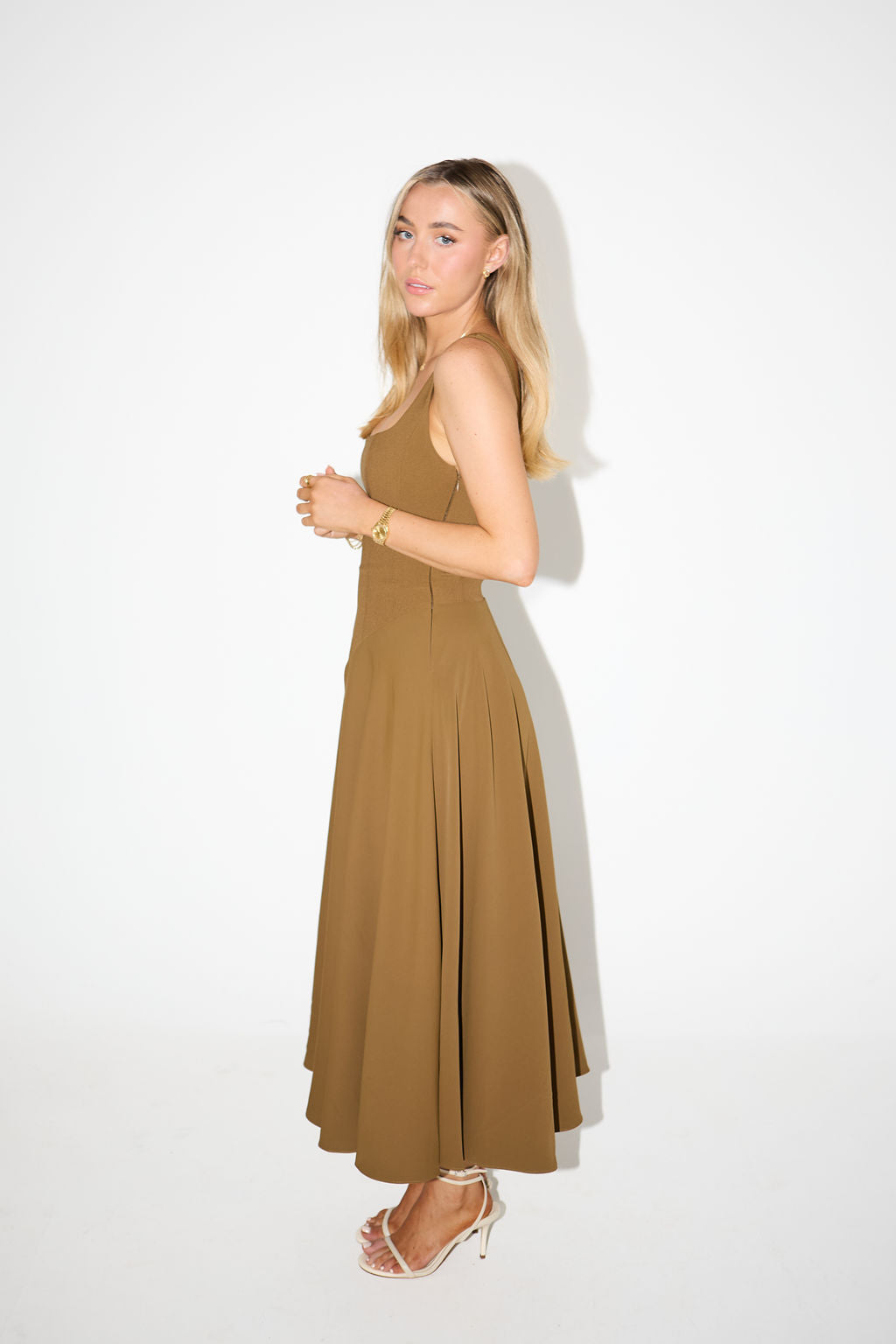 The Ultimate Muse Low Waist Square Neck Midi Dress | Olive